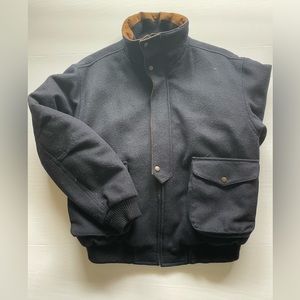 Vintage St. John’s Bay winter coat - navy blue tan leather (M)